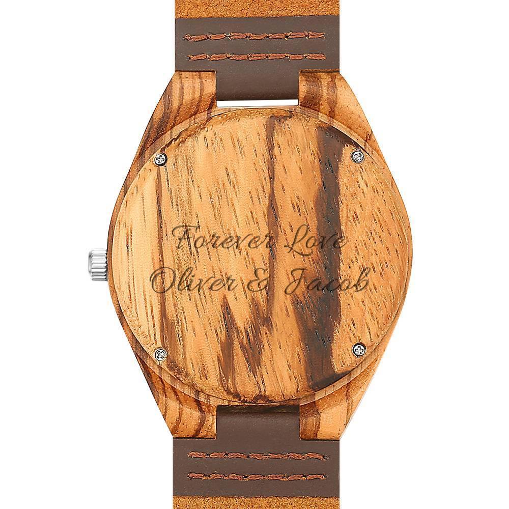 Men's Engraved Wooden Photo Watch Brown Leather Strap 45mm