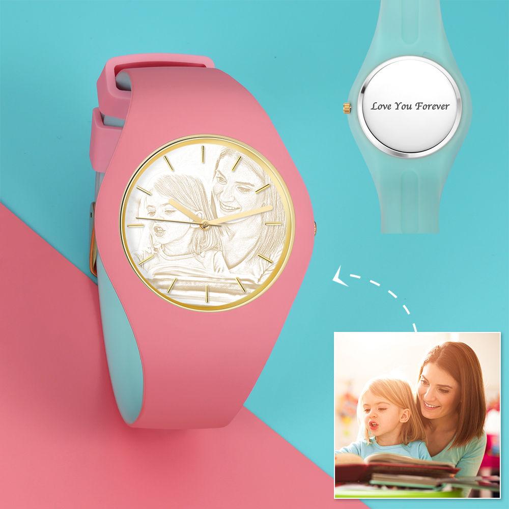 Unisex Silicone Engraved Photo Watch Unisex Engraved Photo Watch 41mm Black and Green Strap - Golden