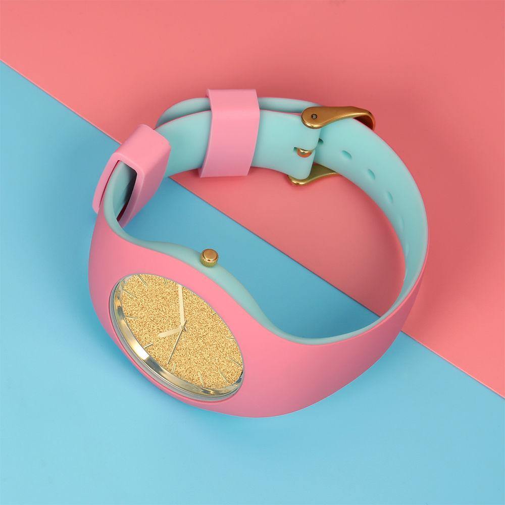 Unisex Silicone Engraved Watch Unisex Engraved Watch 41mm Pink and Blue Strap - Golden