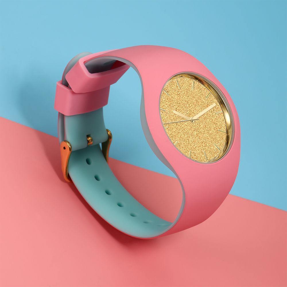 Unisex Silicone Engraved Watch Unisex Engraved Watch 41mm Pink and Blue Strap - Golden