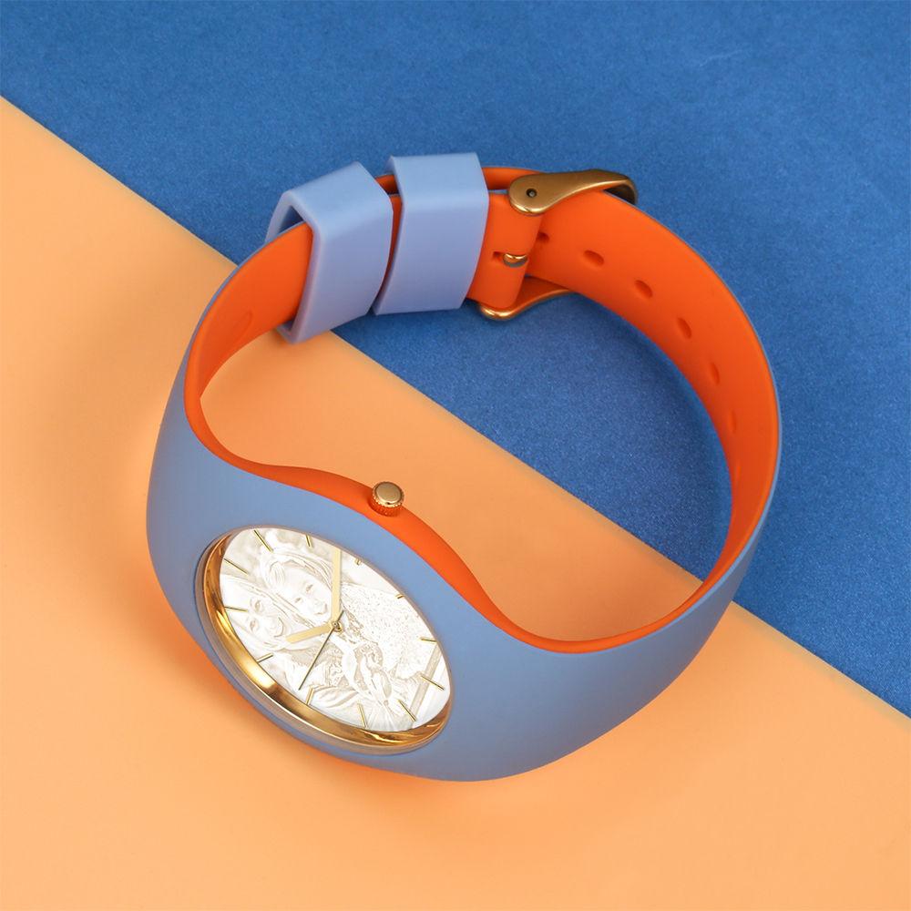 Unisex Silicone Engraved Photo Watch Unisex Engraved Photo Watch 41mm Orange and Blue Strap- Golden