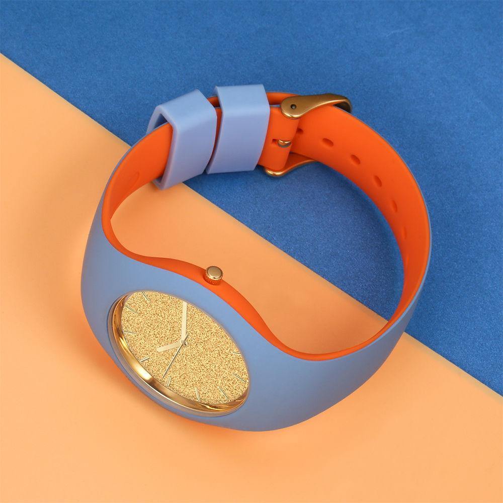 Unisex Silicone Engraved Watch Unisex Engraved Watch 41mm Blue and Orange Strap - Golden