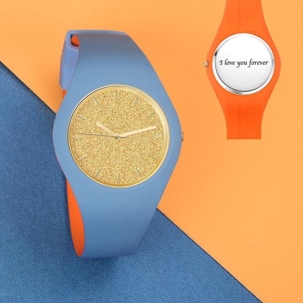 Unisex Silicone Engraved Watch Unisex Engraved Watch 41mm Blue and Orange Strap - Golden