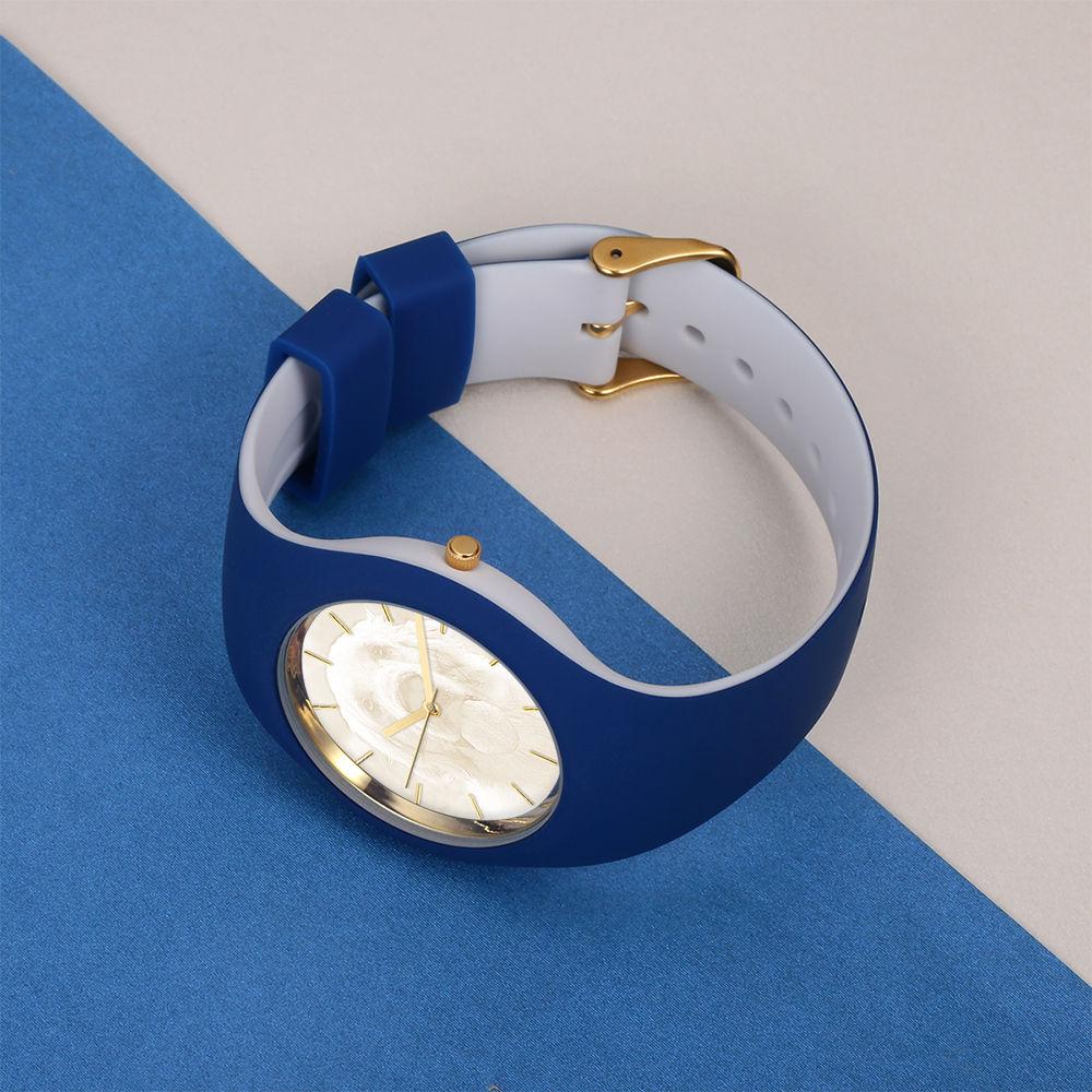 Unisex Silicone Engraved Photo Watch Unisex Engraved Photo Watch 41mm Blue and White Strap - Golden