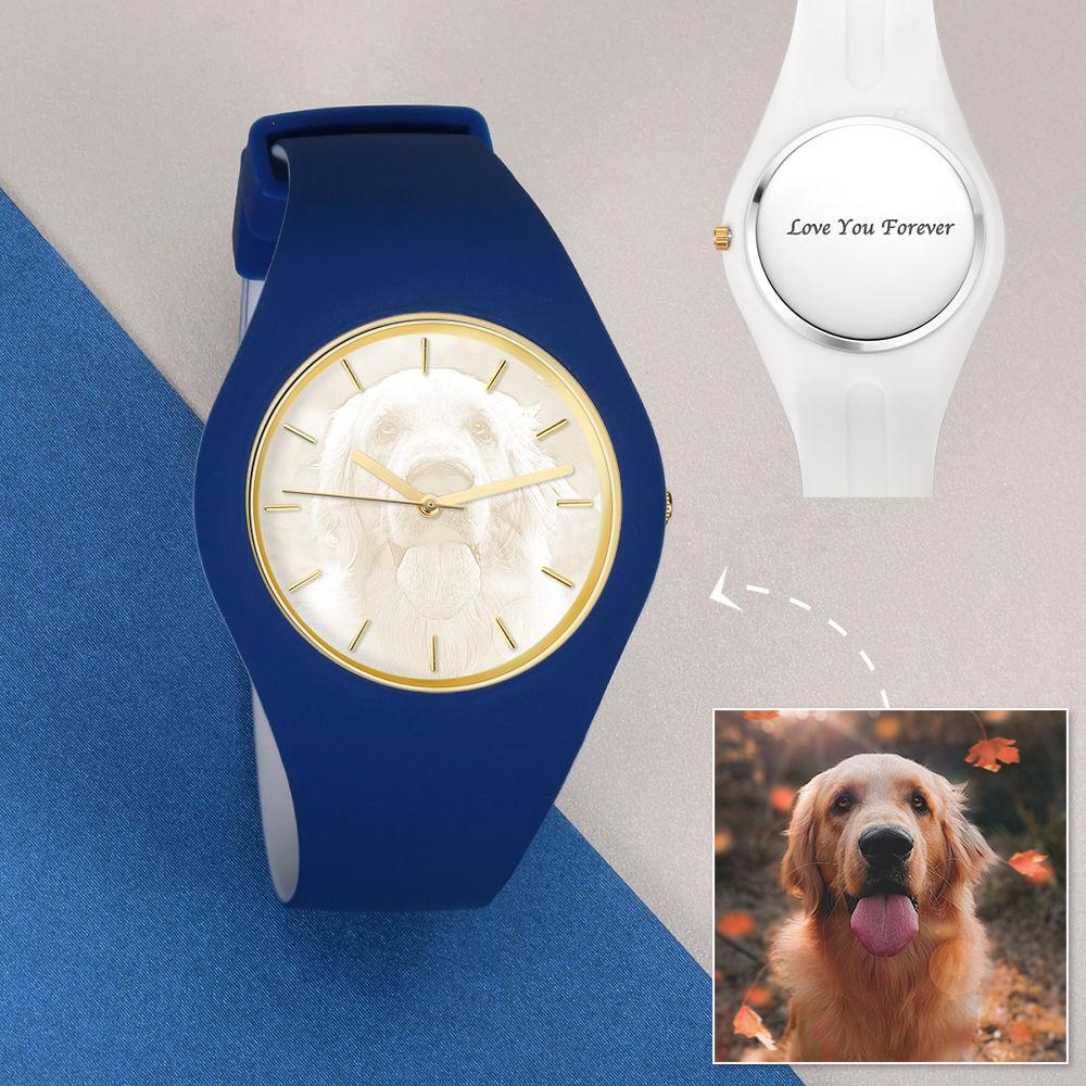 Unisex Silicone Engraved Photo Watch Unisex Engraved Photo Watch 41mm Blue and White Strap - Golden