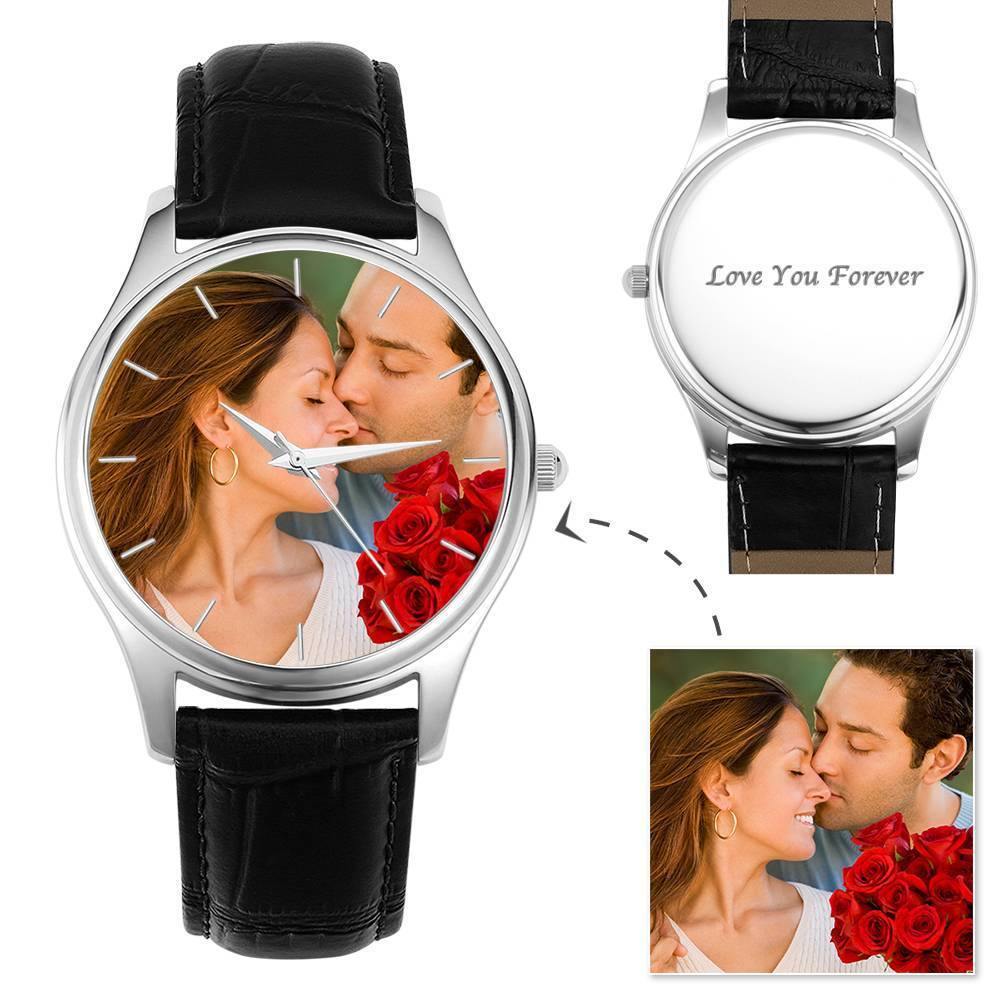 Men's Engraved Photo Watch 43mm Black Leather Strap