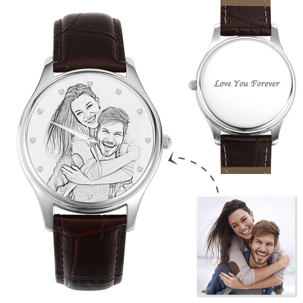 Men's Engraved Photo Watch 43mm Brown Leather Strap - Sketch