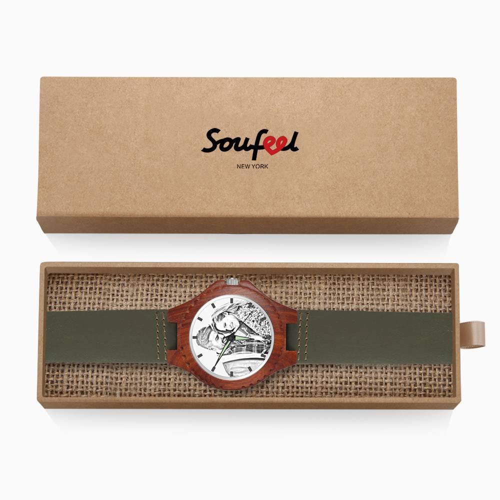 Unisex Engraved Photo Watch 48mm Wood Grain and Dark Green Strap - Sketch