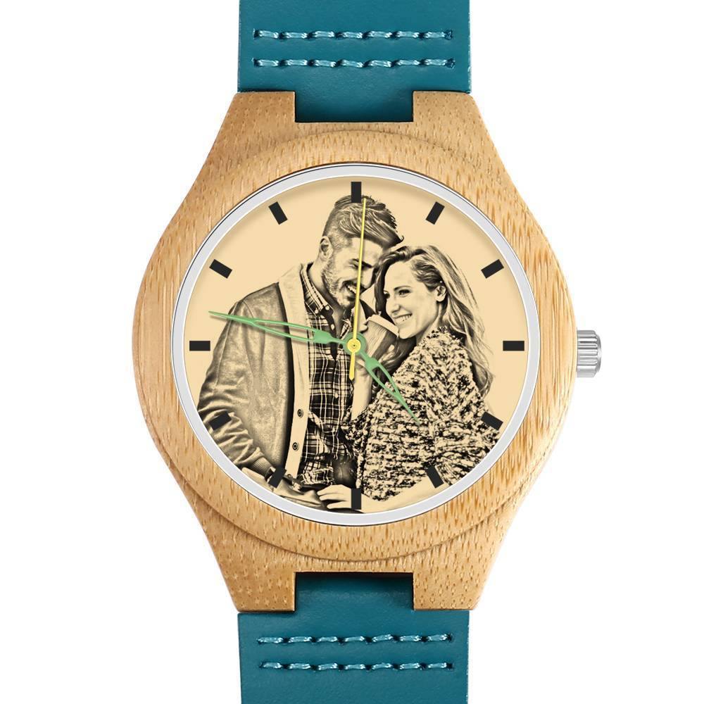 Men's Engraved Wooden Photo Watch Blue Leather Strap - Bamboo
