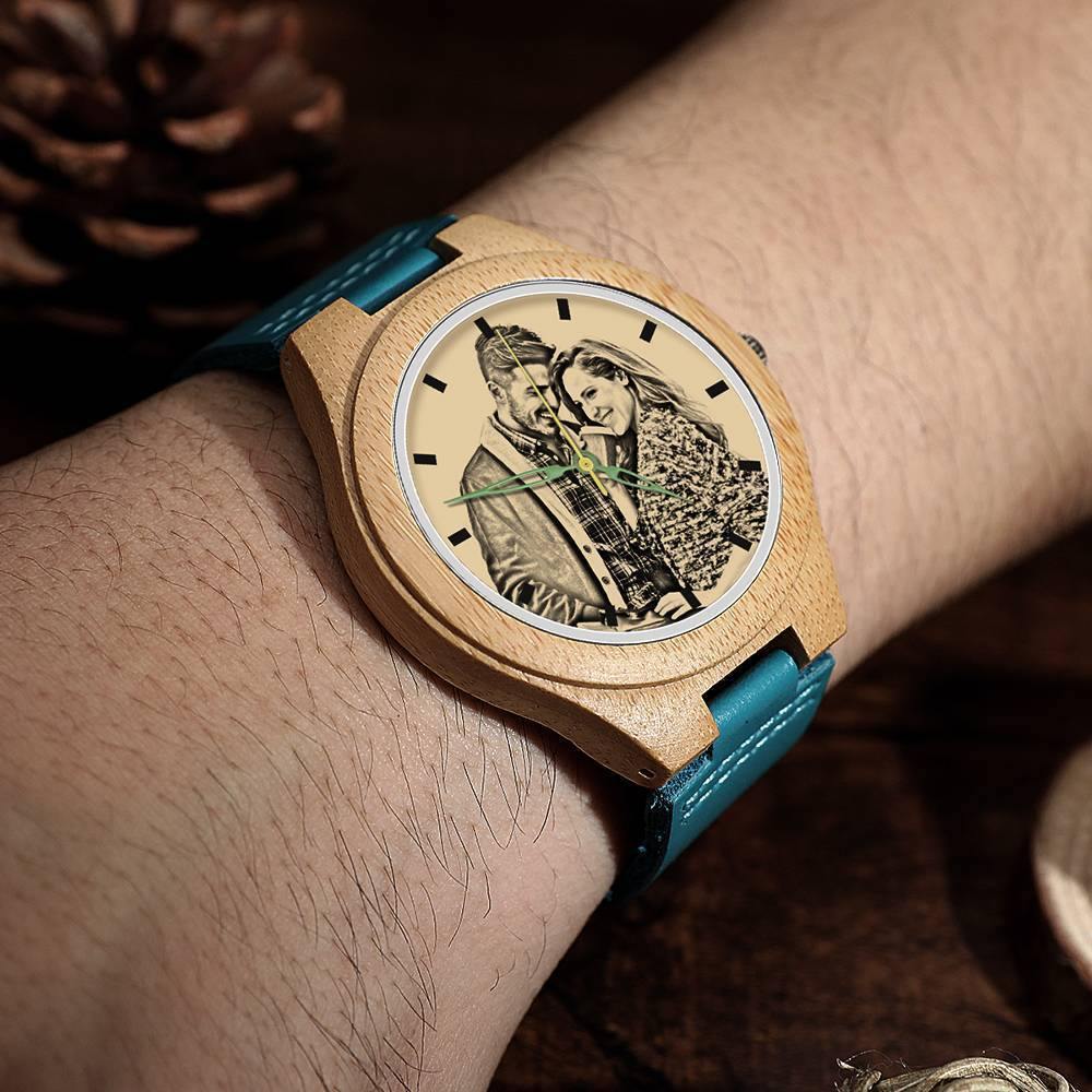 Men's Engraved Wooden Photo Watch Blue Leather Strap - Bamboo
