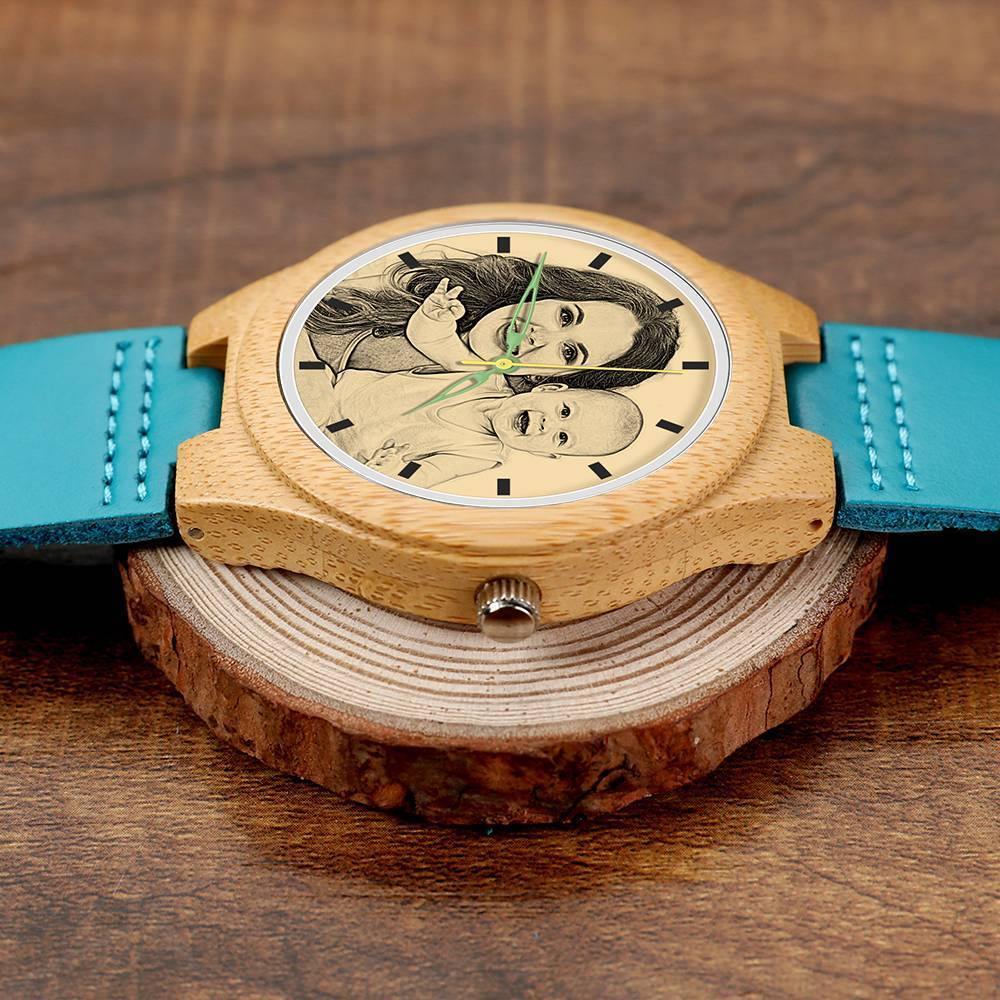 Women's Engraved Wooden Photo Watch Blue Leather Strap - Bamboo