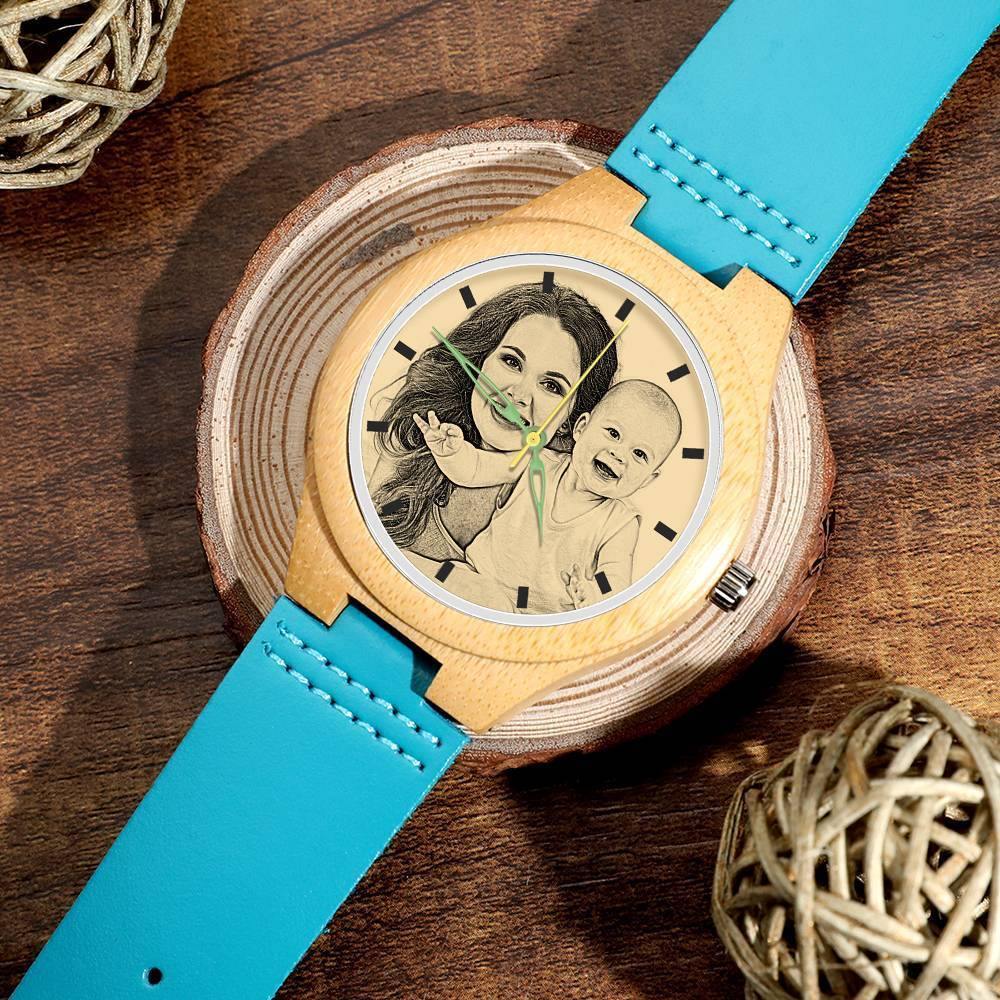 Women's Engraved Wooden Photo Watch Blue Leather Strap - Bamboo