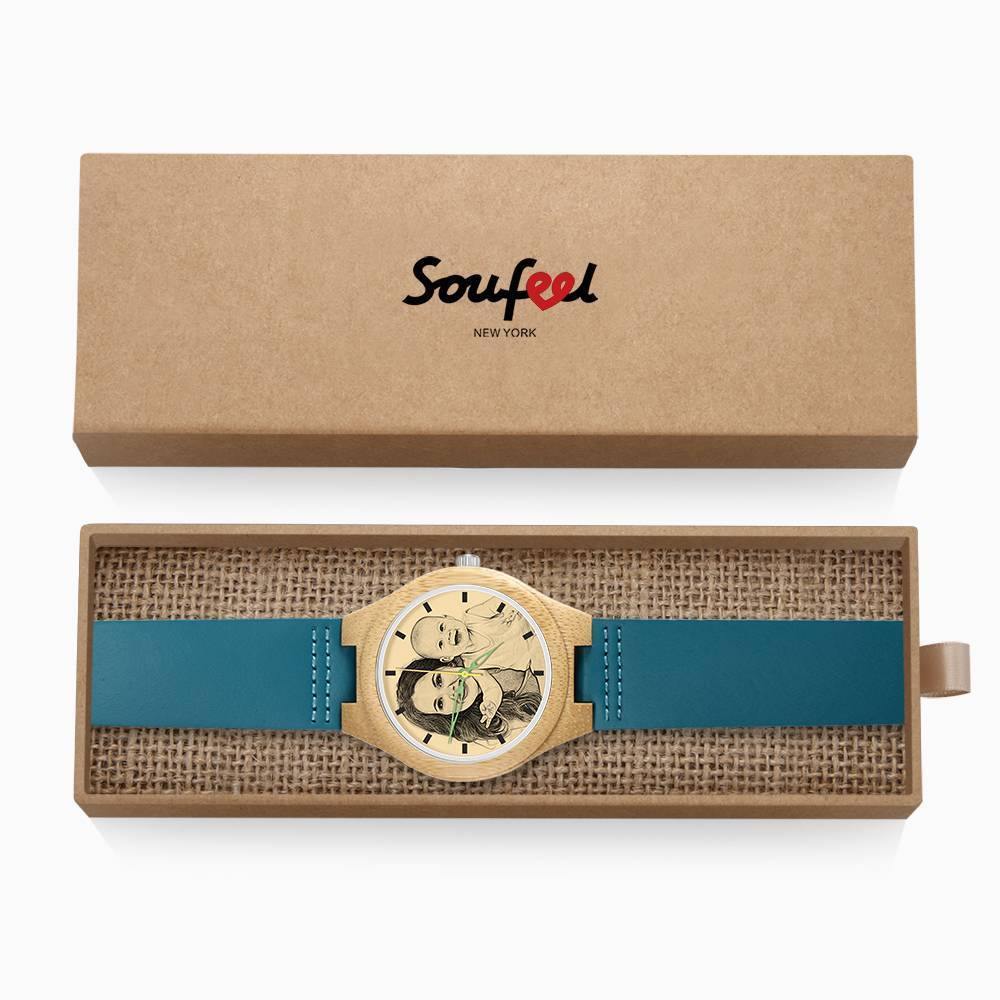 Women's Engraved Wooden Photo Watch Blue Leather Strap - Bamboo