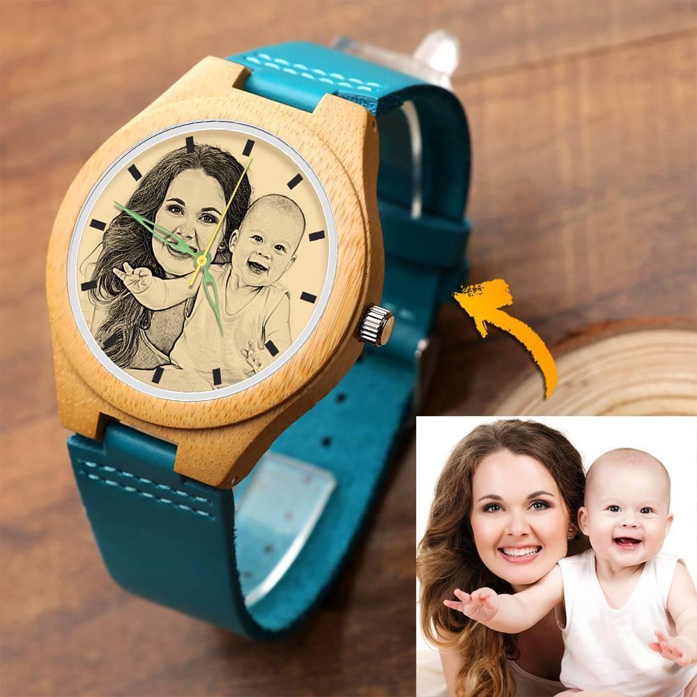 Women's Engraved Wooden Photo Watch Blue Leather Strap - Sandalwood
