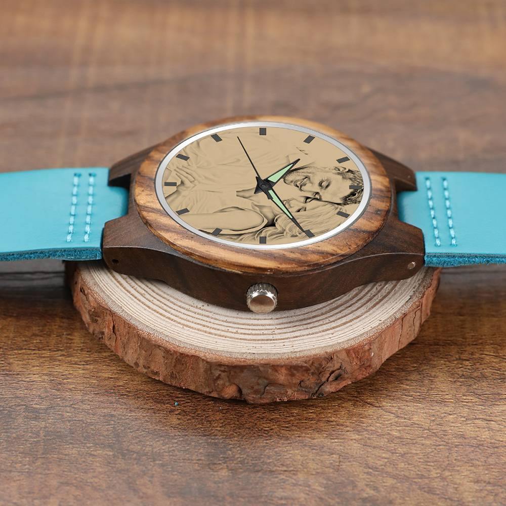 Women's Engraved Wooden Photo Watch Blue Leather Strap - Sandalwood
