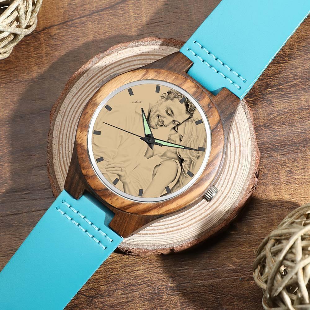 Women's Engraved Wooden Photo Watch Blue Leather Strap - Sandalwood