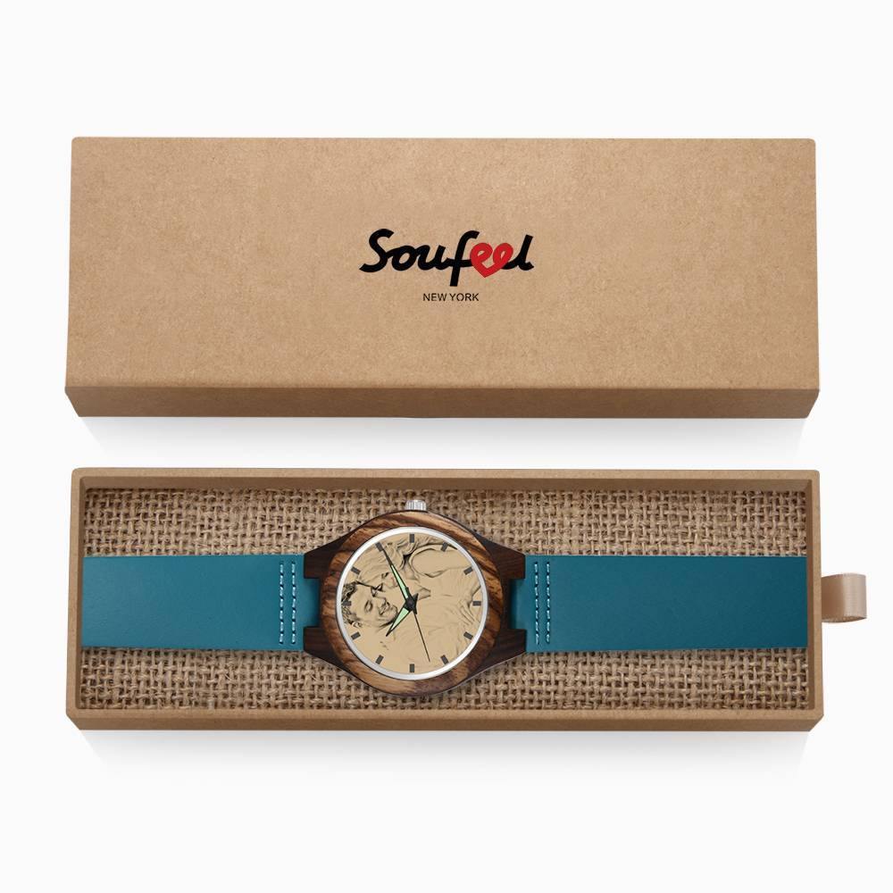 Women's Engraved Wooden Photo Watch Blue Leather Strap - Sandalwood