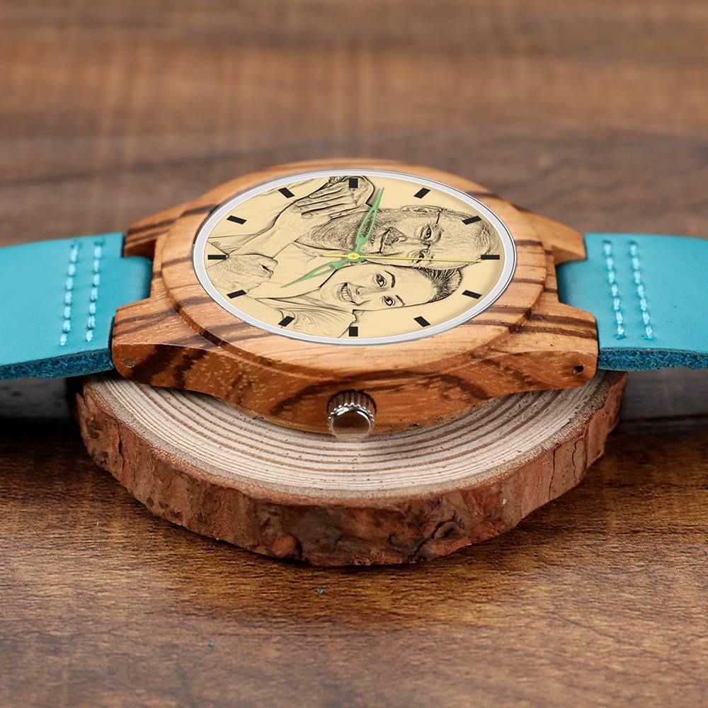 Men's Engraved Wooden Stripe Photo Watch Blue Leather Strap - Zebra Wood