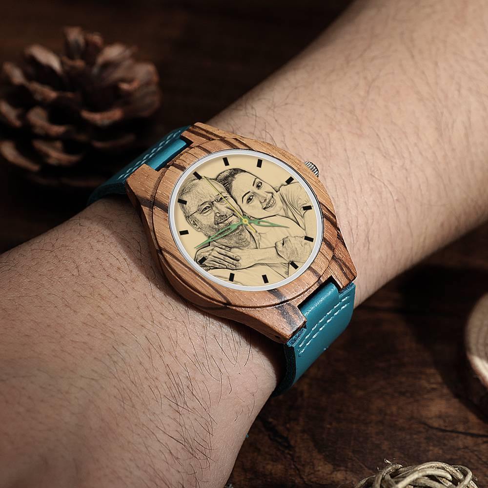 Men's Engraved Wooden Stripe Photo Watch Blue Leather Strap - Zebra Wood