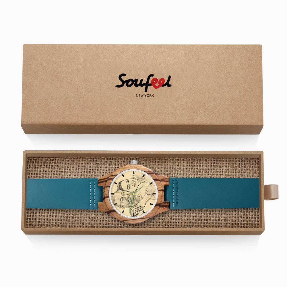 Men's Engraved Wooden Stripe Photo Watch Blue Leather Strap - Zebra Wood