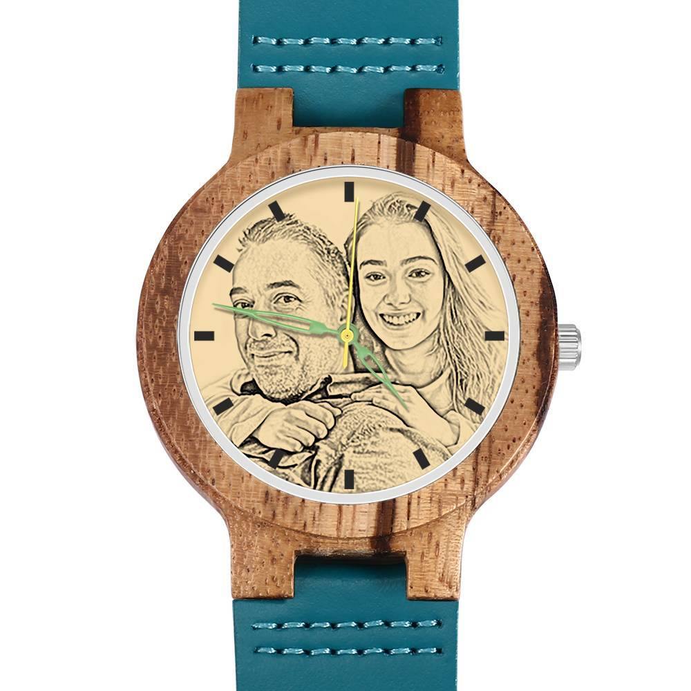 Men's Engraved Wooden Photo Watch Blue Leather Strap - Zebra Wood