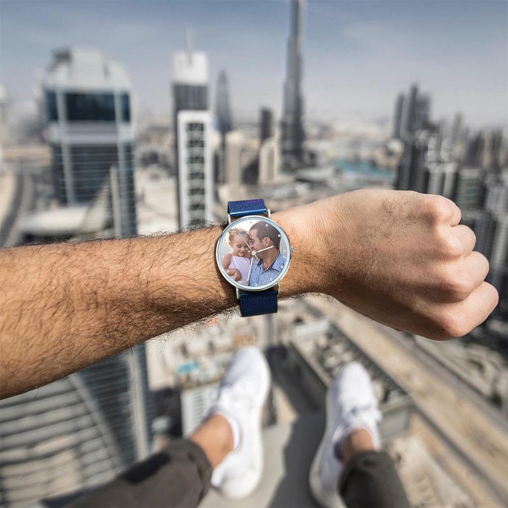 Personalized Engraved Watch, Custom Your Own Photo Watch with Blue Strap