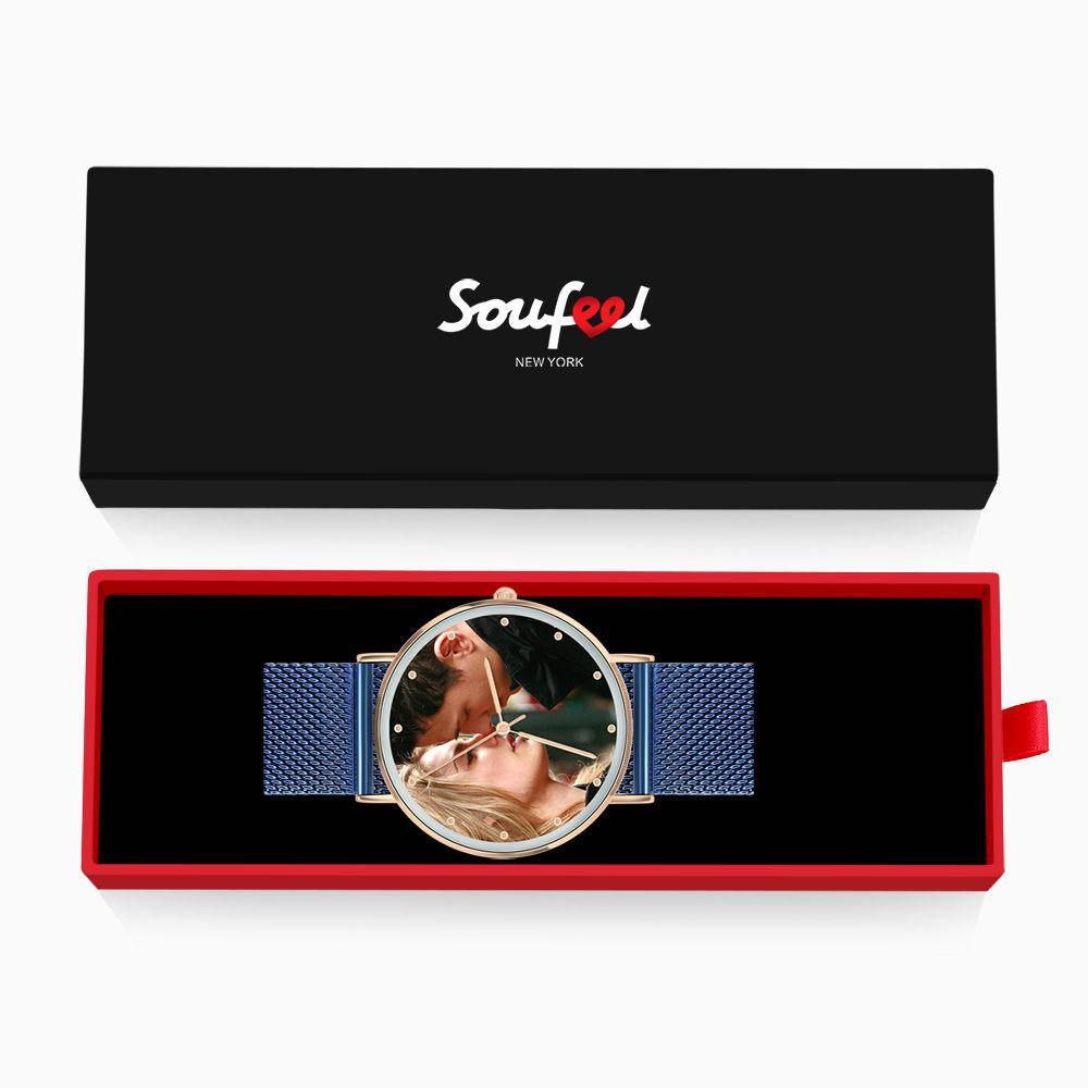 Photo Engraved Watch, Personalized Photo Watch with Blue Strap - Women