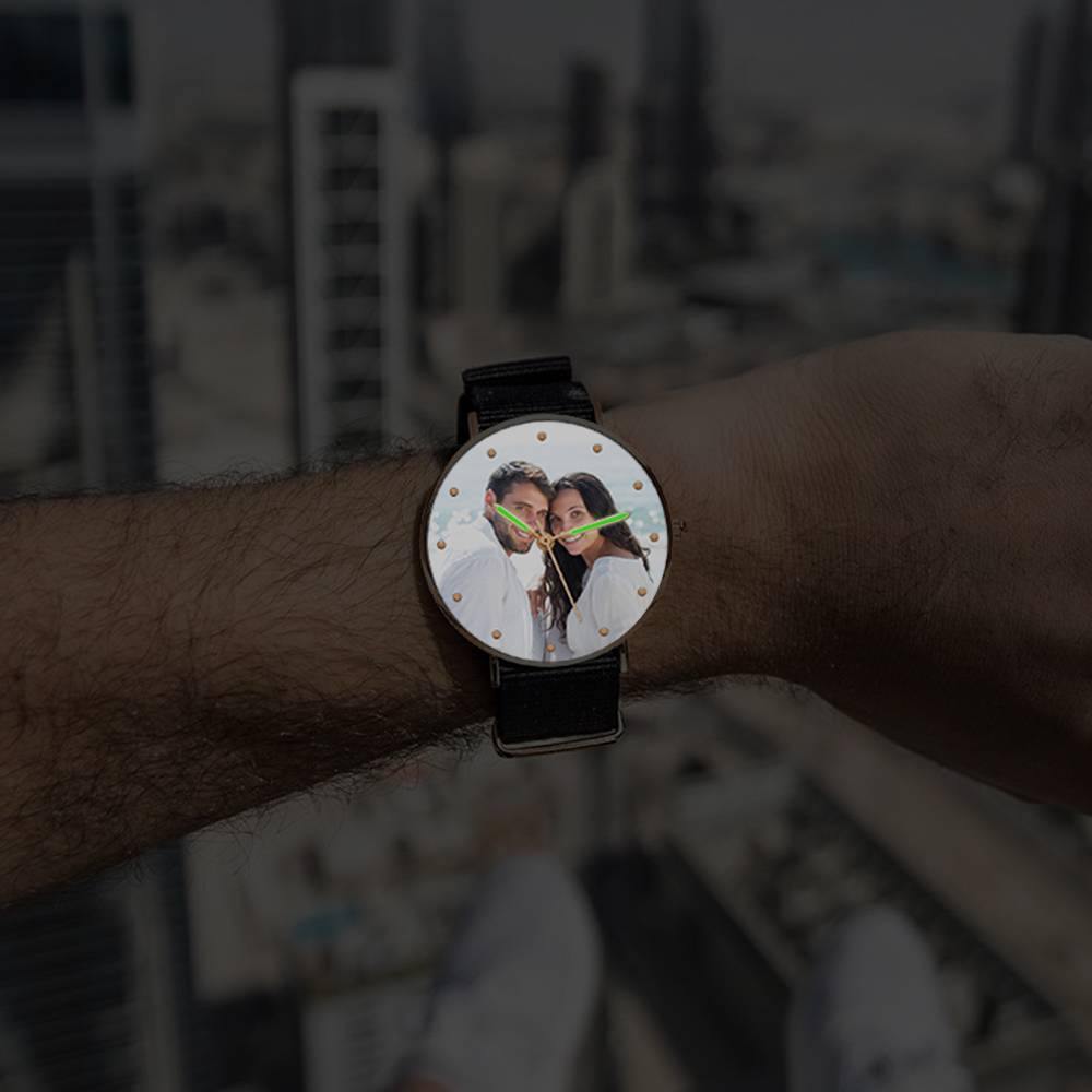Engraved Watch, Photo Watch with Luminous Pointer Black Strap - Men's