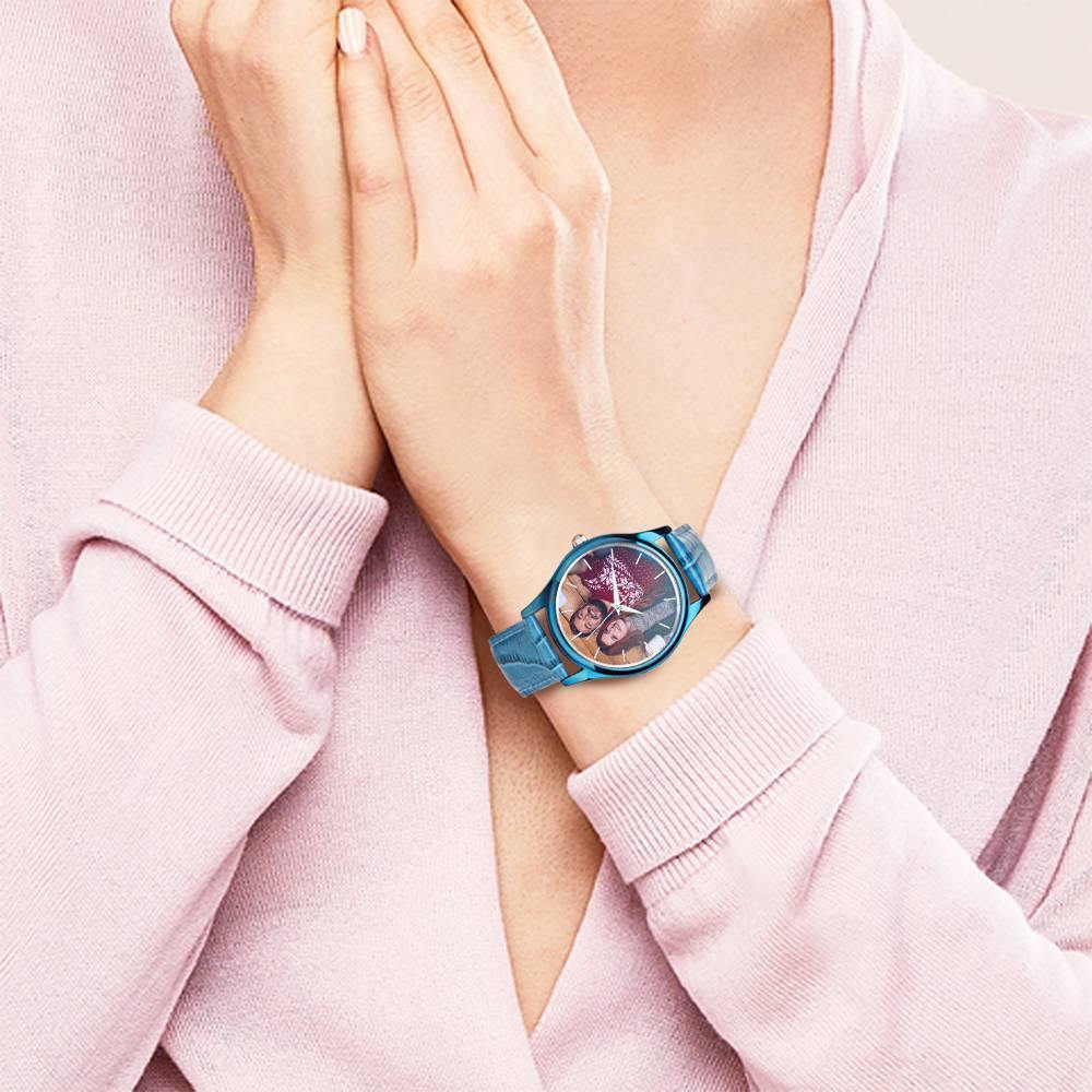 Personalized Engraved Watch, Photo Watch with Leather Strap Women's