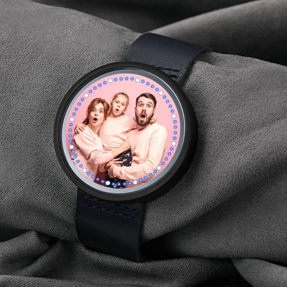 Personalized Photo Watch, Touch Illuminated Watch LED Blue Leather Strap