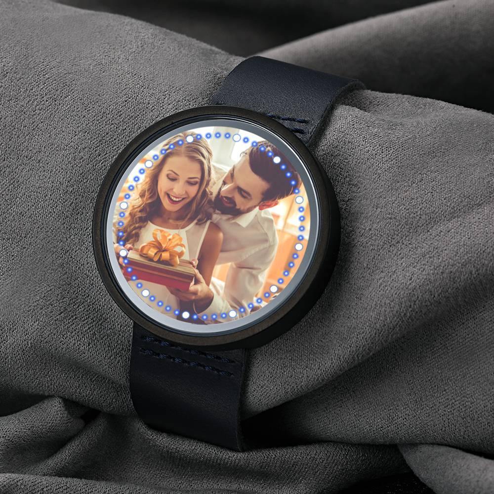 Personalized Photo Watch, Touch Illuminated Watch Blue Leather Strap Couple's Gift