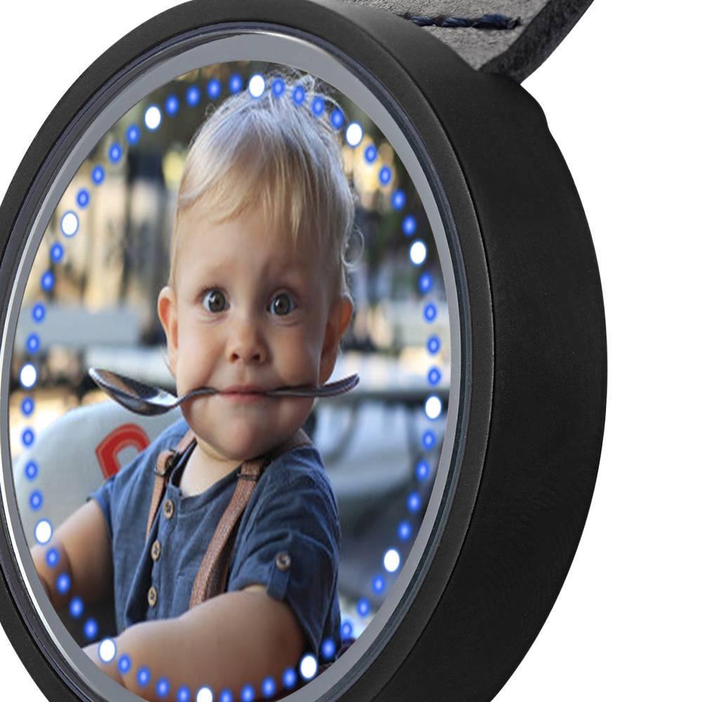 Personalized Photo Watch, Touch Illuminated Watch Blue Leather Strap Family Gift
