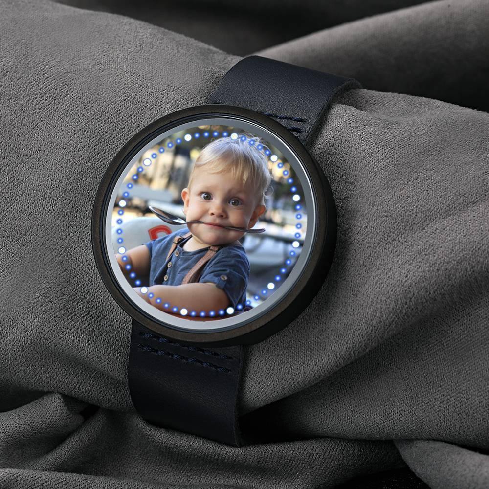 Personalized Photo Watch, Touch Illuminated Watch Blue Leather Strap Family Gift