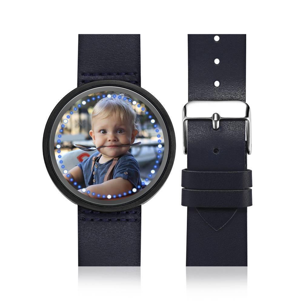 Personalized Photo Watch, Touch Illuminated Watch Blue Leather Strap Family Gift