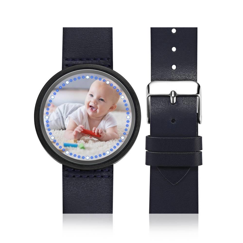 Personalized Photo Watch, Touch Illuminated Watch Blue Leather Strap Cute Children