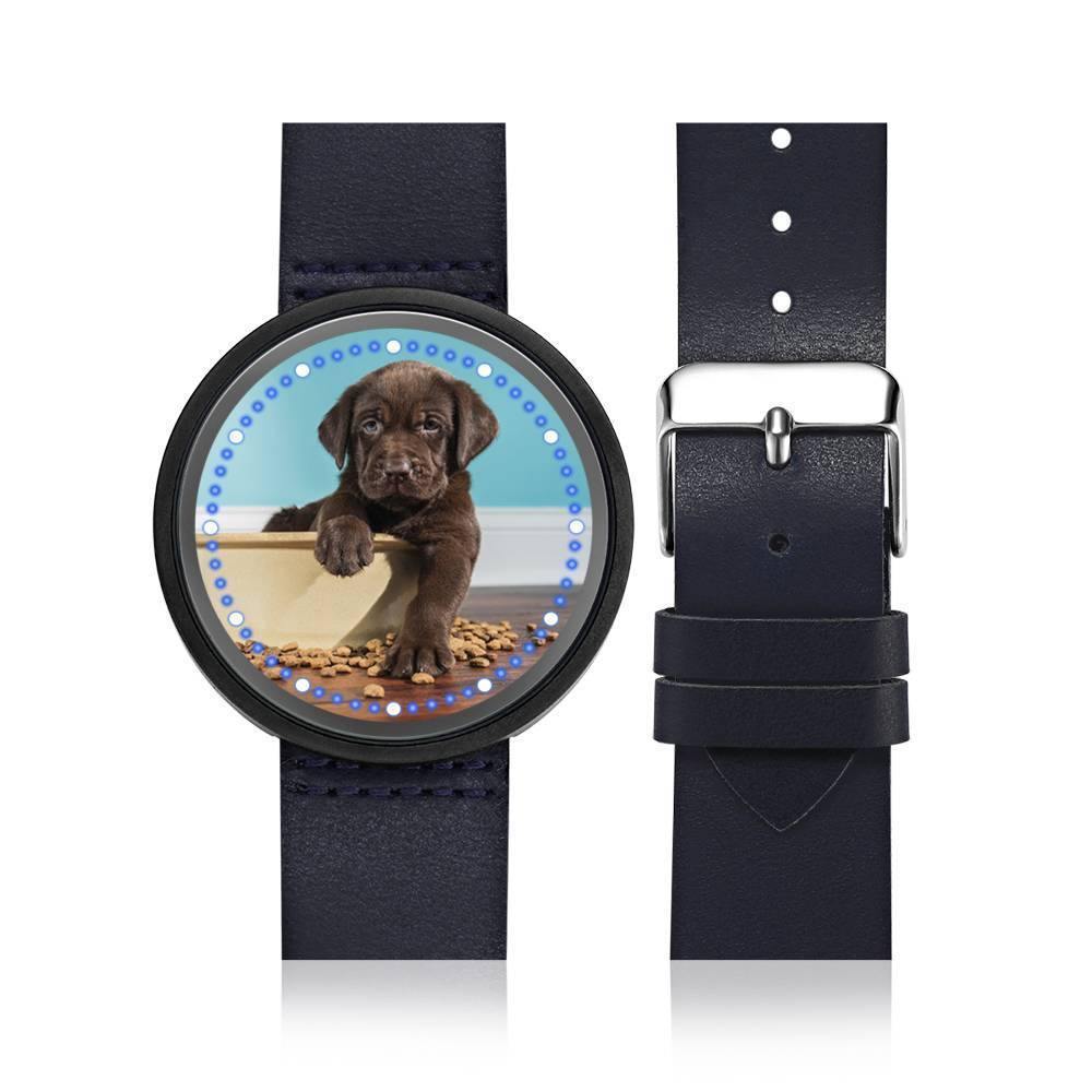Personalized Photo Watch, Touch Illuminated Watch Blue Leather Strap