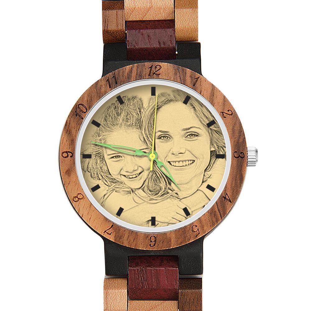 Engraved Wooden, Photo Watch Wooden Strap 38mm Sketch Effect Colorful Wood - Women's