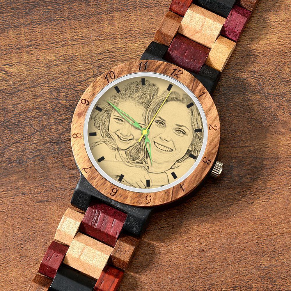 Engraved Wooden, Photo Watch Wooden Strap 38mm Sketch Effect Colorful Wood - Women's