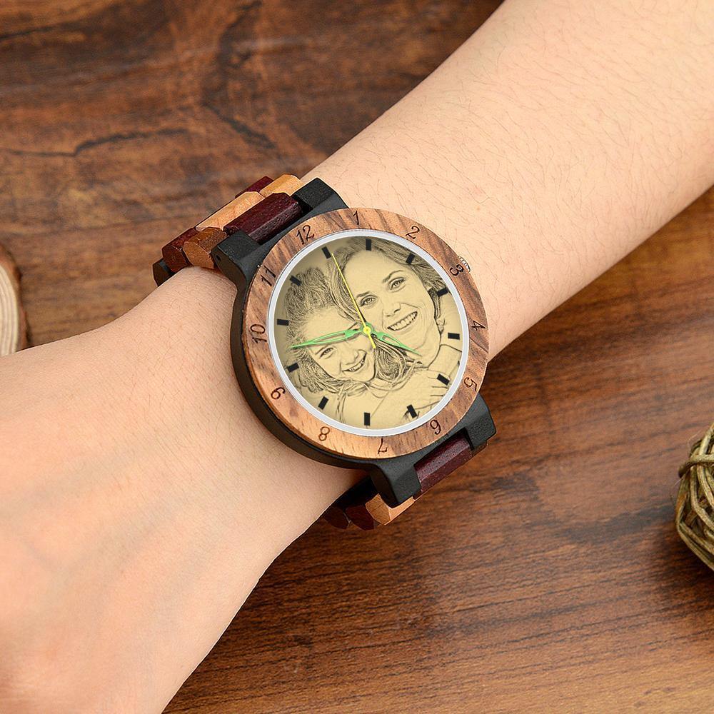 Engraved Wooden, Photo Watch Wooden Strap 38mm Sketch Effect Colorful Wood - Women's