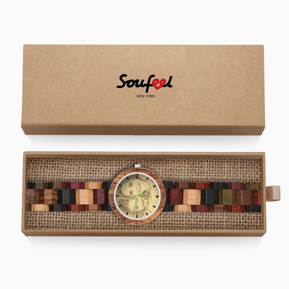 Engraved Wooden, Photo Watch Wooden Strap 38mm Sketch Effect Colorful Wood - Women's