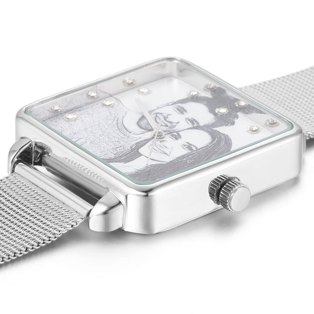 Photo Watch with Engraving - Silver Square Case Watch Sketch for Girlfriend