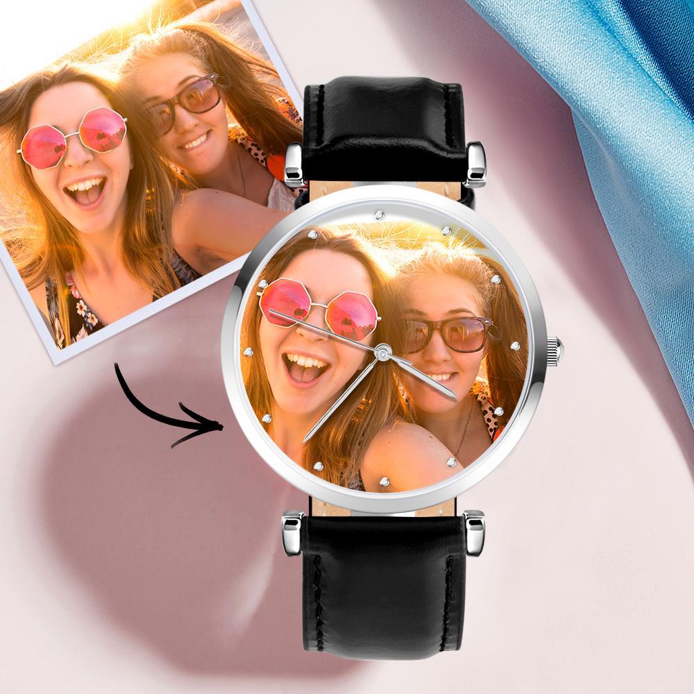 Photo Engraved Watch Red Leather Strap Birthday Gifts Men‘s