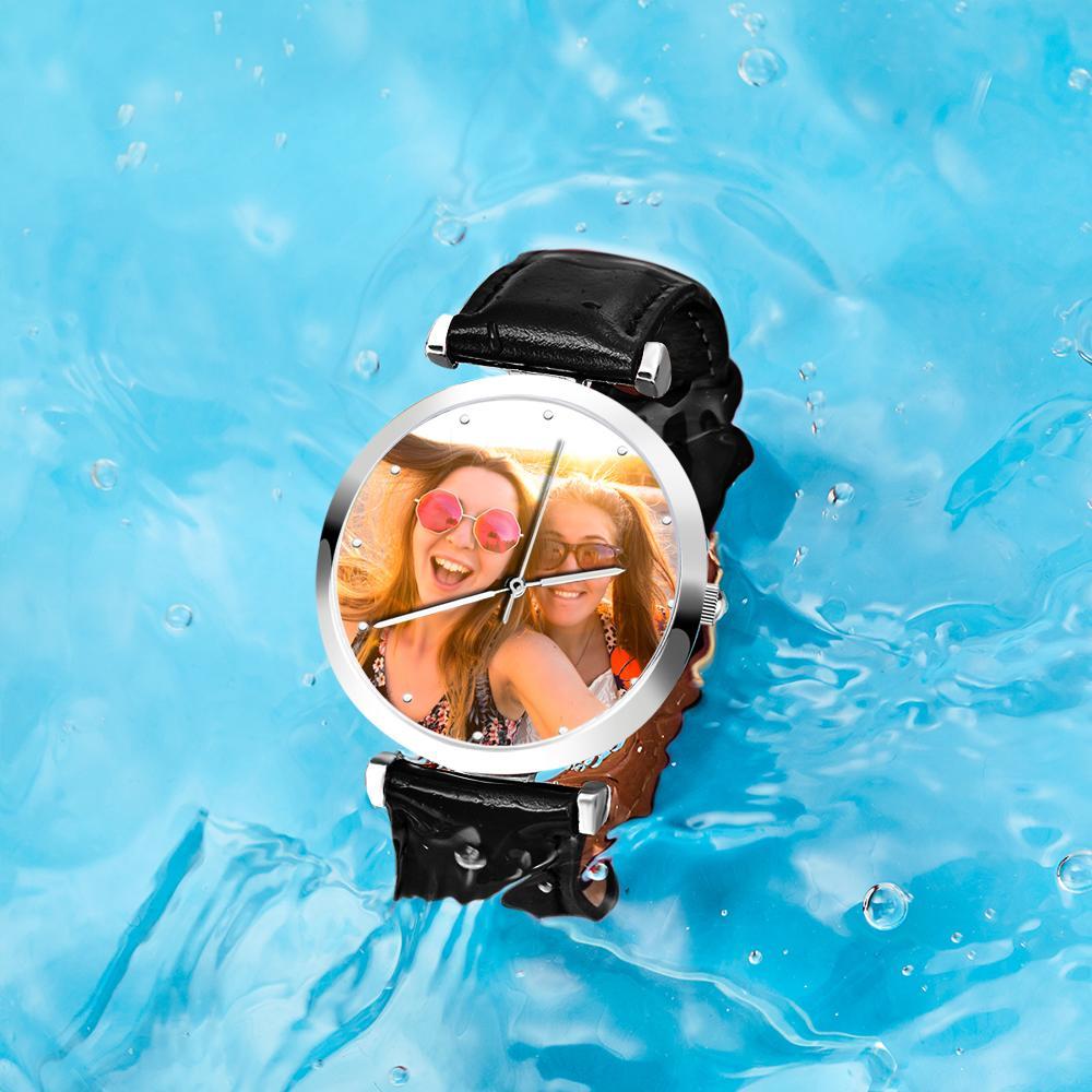 Custom Photo Engraved Watch Black Leather Strap Unique Gifts Men‘s