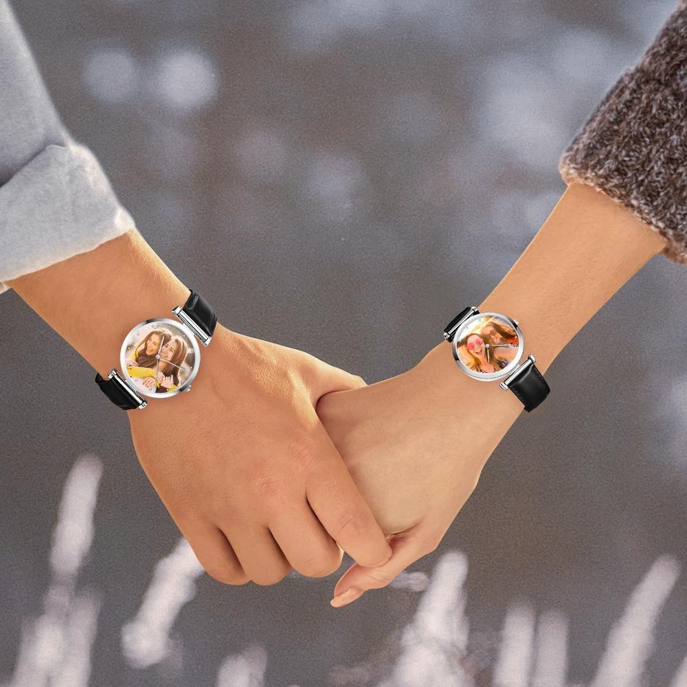 Custom Photo Engraved Watch Black Leather Strap Unique Gifts Men‘s