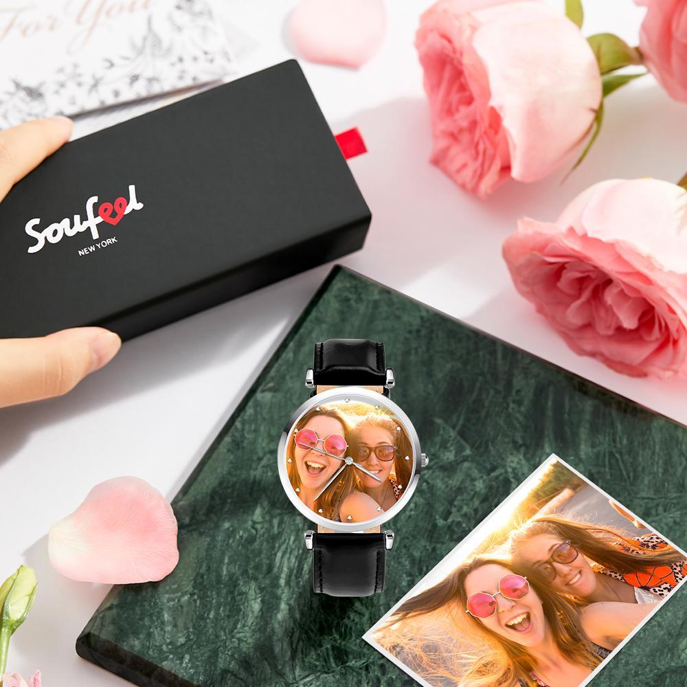 Custom Photo Engraved Watch Black Leather Strap Unique Gifts Men‘s