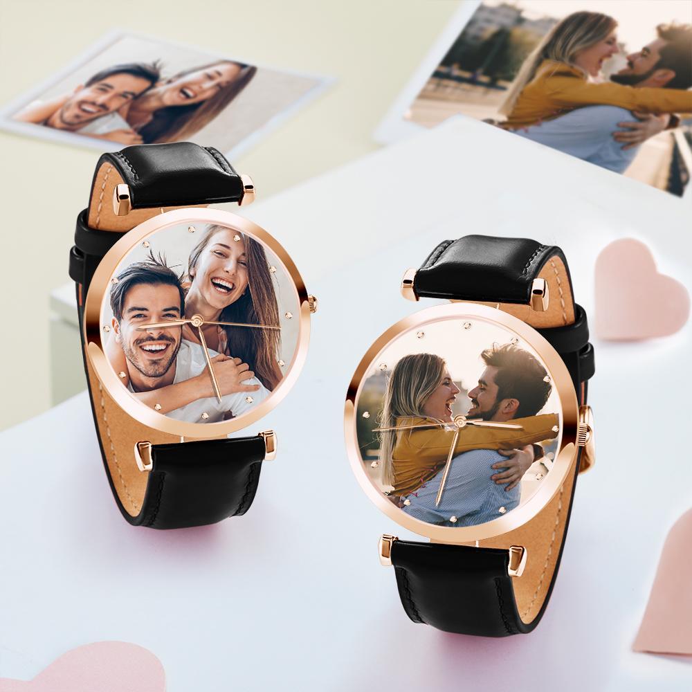 Photo Engraved Watch Black Leather Strap Rose Gold Dial Men‘s