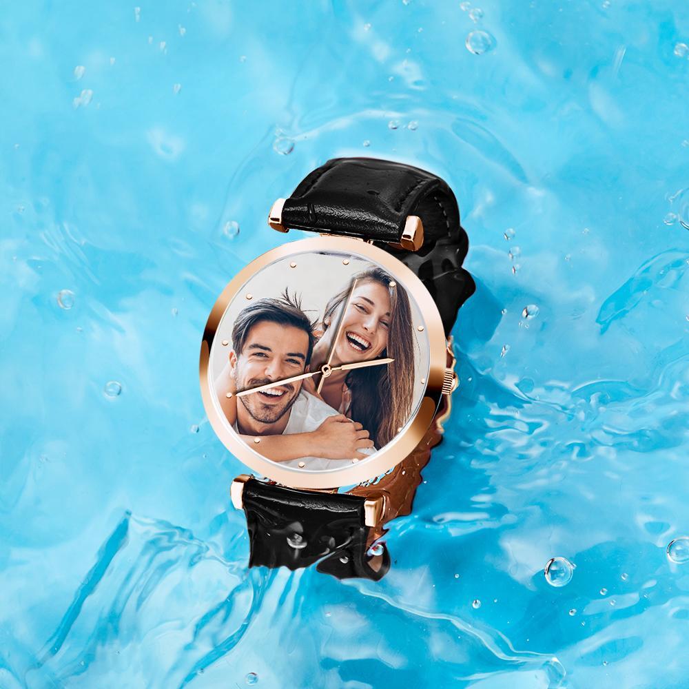 Photo Engraved Watch Black Leather Strap Rose Gold Dial Men‘s