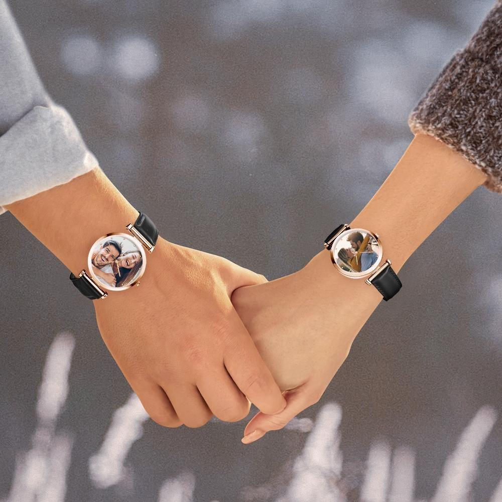 Photo Engraved Watch Black Leather Strap Rose Gold Dial Men‘s