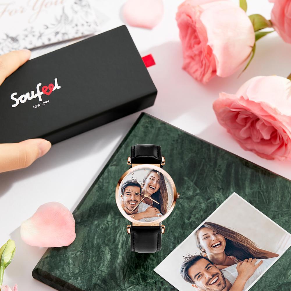 Photo Engraved Watch Black Leather Strap Rose Gold Dial Men‘s