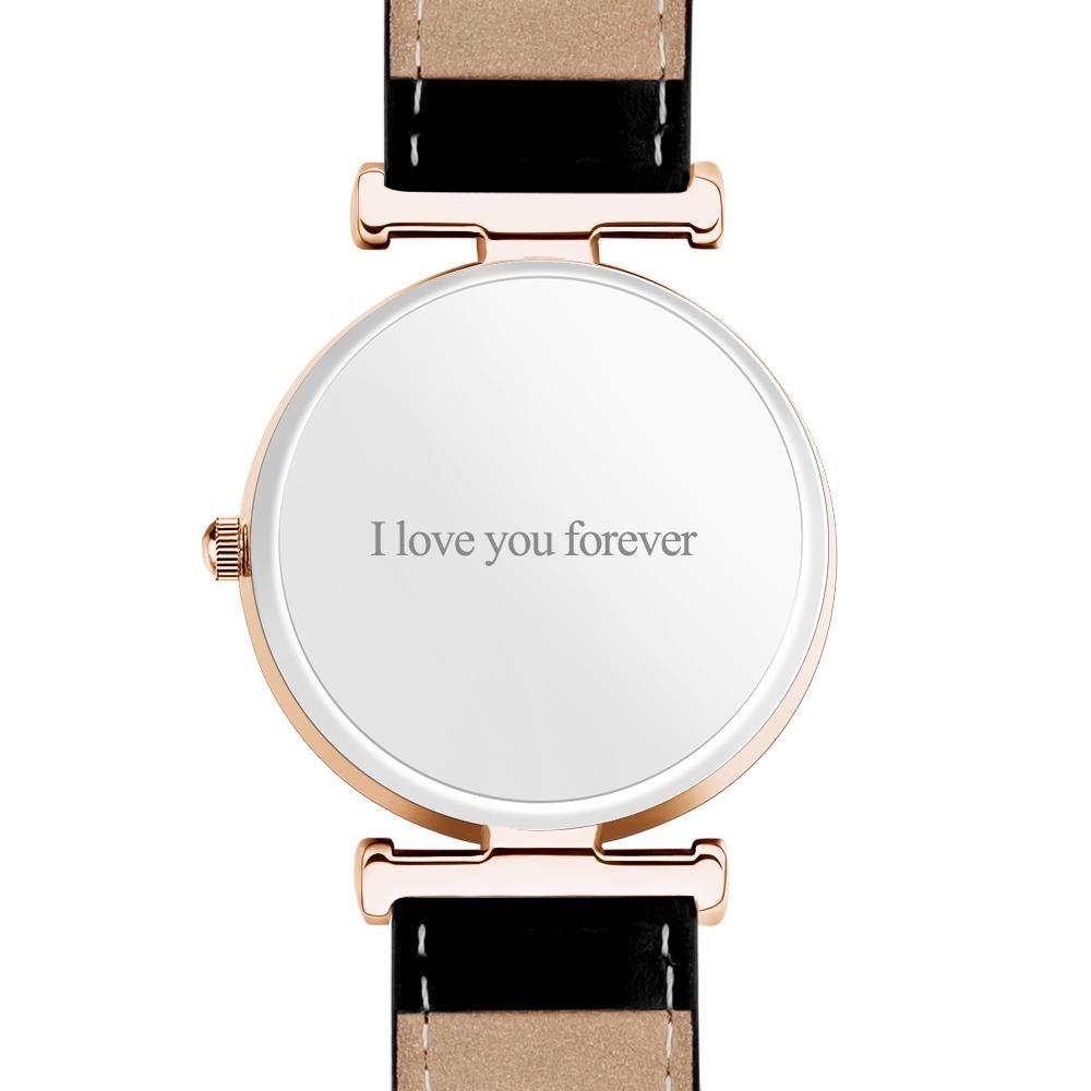 Photo Engraved Watch Black Leather Strap Rose Gold Dial Men‘s